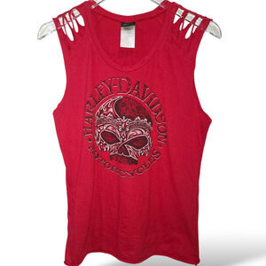 Harley Davidson WMS L Tank Top Red Skull Cotton Barnett El Paso Texas Distressed